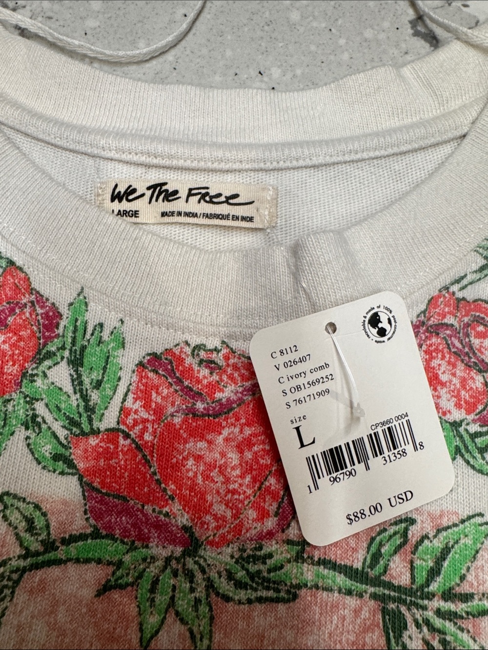 We The Free - Free People Cream Long Sleeve Tee with Pink Number & Rose Floral - Picture 2 of 8